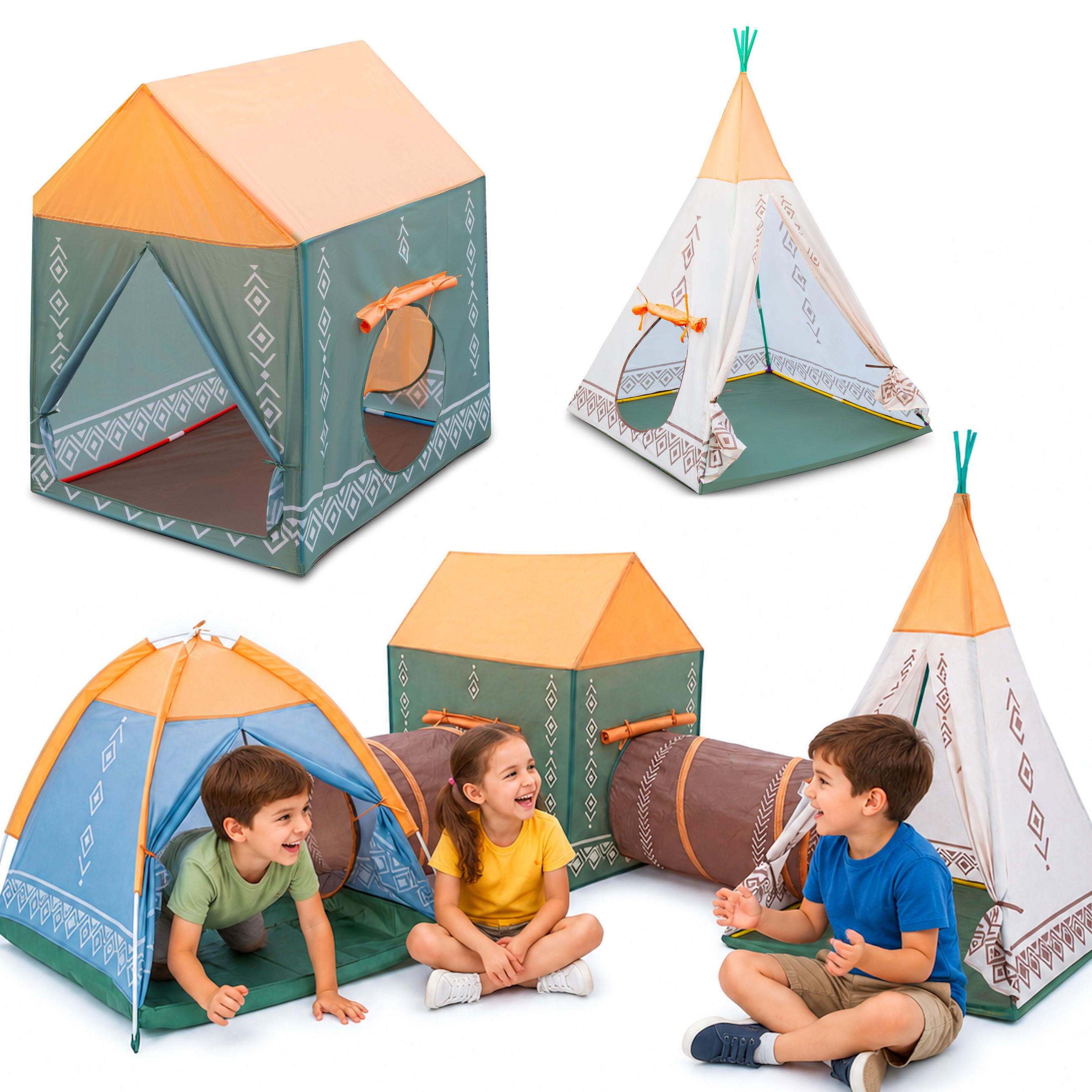 SPIELZELT 5er Set – Tipi, Gartenhaus, Wigwam mit 2 Tunneln, Indoor & Outdoor, für Kinder ab 3 Jahren - Multicolor, Textil (300/300cm) - COIL