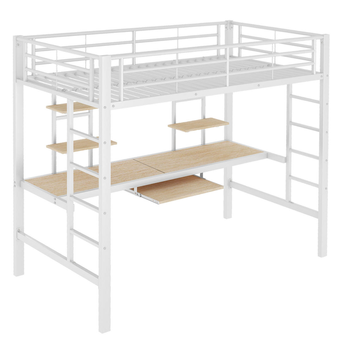 HOCHBETT 90/200 cm Weiß aus Metall mit Schreibtisch und 2 Regalen - Weiß, Metall (90/200cm) - OKMYHOME