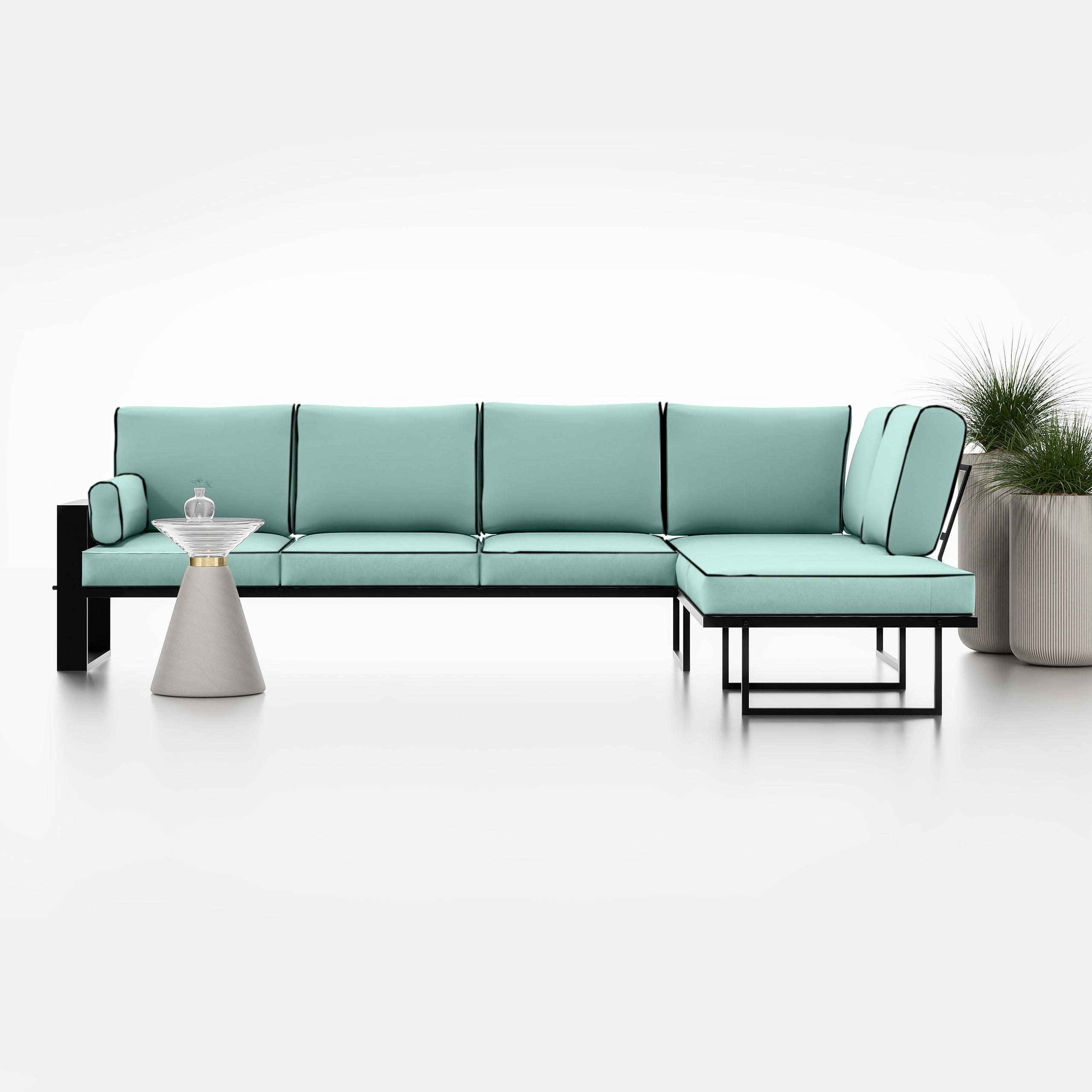 ECKSOFA Garten Türkis, schwarze Metallbeine - Türkis, Holzwerkstoff/Metall (292/90/195cm) - Bettso