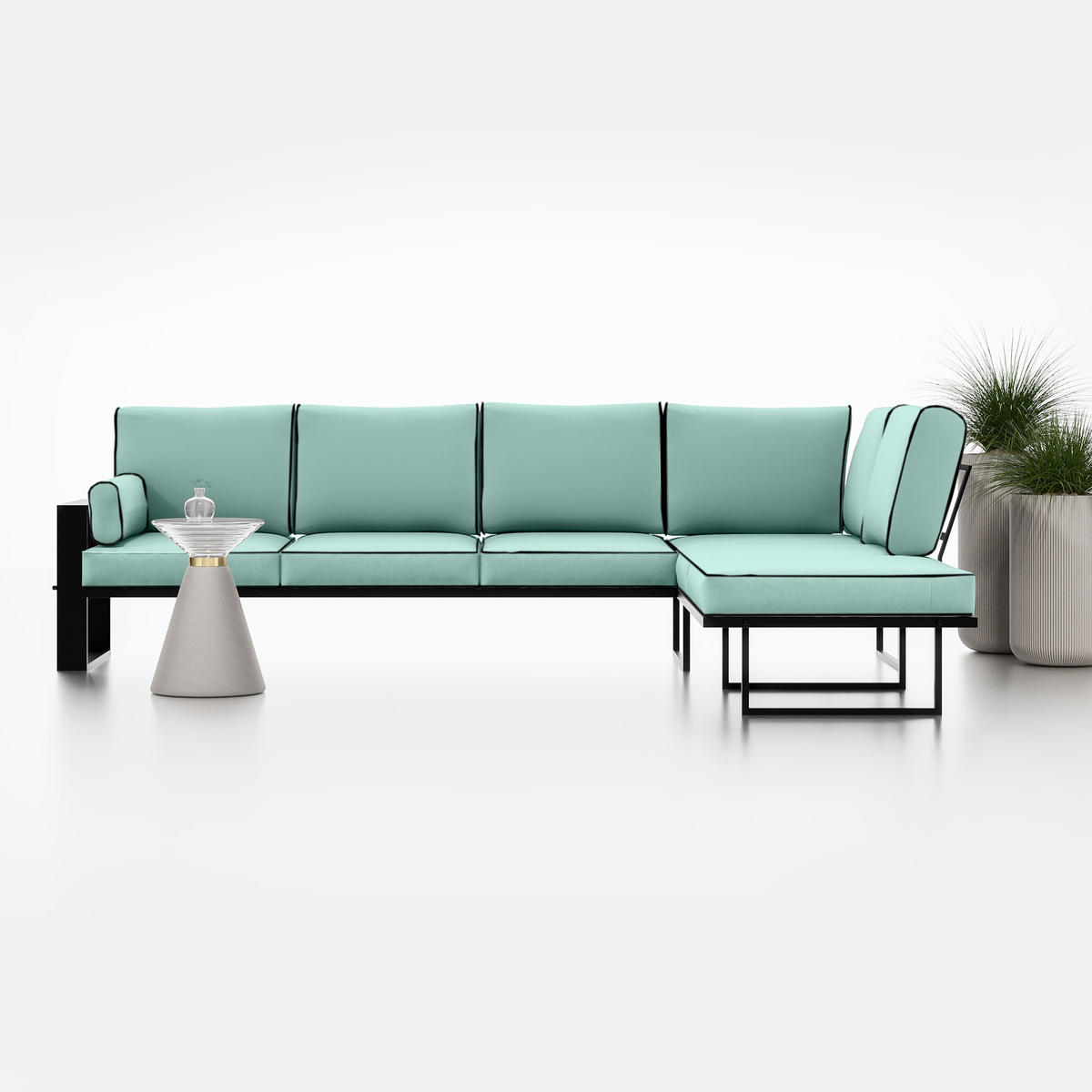 ECKSOFA Garten Türkis, schwarze Metallbeine - Türkis, Holzwerkstoff/Metall (292/90/195cm) - Bettso