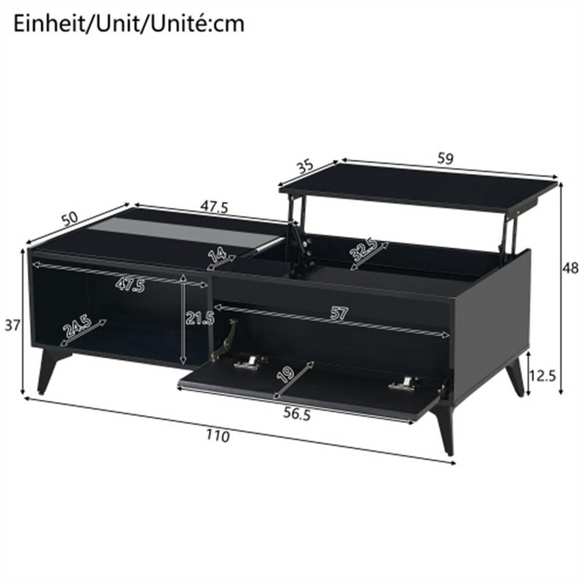 COUCHTISCH multifunktional mit Stauraum, Schwarz, 110x50x48 cm - Schwarz, Holzwerkstoff (50/110/48cm) - Blomus