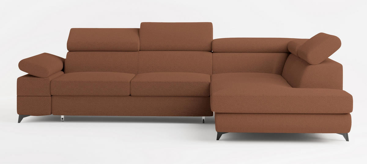 ECKSOFA FAVIEN R-S Kupferfarben Boucle-Stoff mit Schlaffunktion - Kupferfarben, Holz (257/190cm) - MASSENO