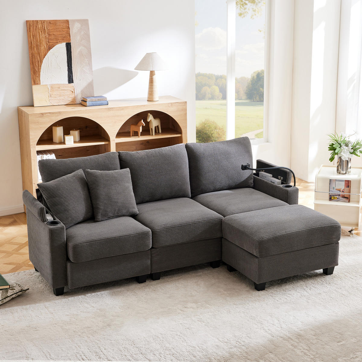 ECKSOFA 213.5/139/87 cm Dunkelgrau mit Fußhocker, Getränkehalter, USB-Ladegerät und Armlehnenablage - Dunkelgrau, Textil (213.5/139cm) - Oxeza