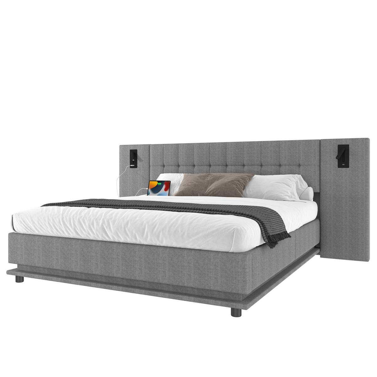 POLSTERBETT 180/200 cm Grau aus Leinen mit LED-Beleuchtung und USB-Anschluss - Grau, Textil (180/200cm) - Flora Grace