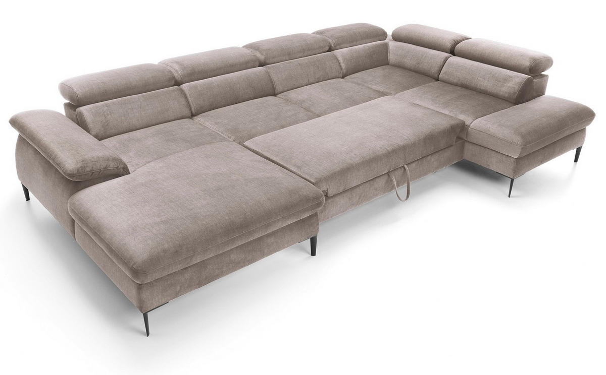 ECKSOFA U-Form 350 cm Amaro M mit Schlaffunktion, Links, Dunkelbeige - Cappuccino, Holz (214/353cm) - Emporius