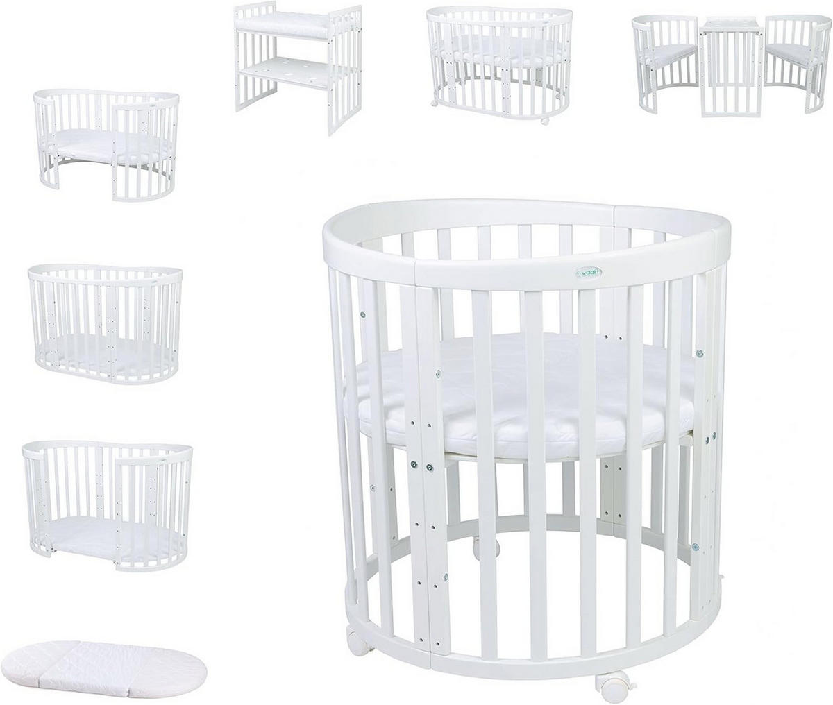 BABYBETT WHITE OVAL 7in1 mit Matratze - Weiß, Holz/Textil