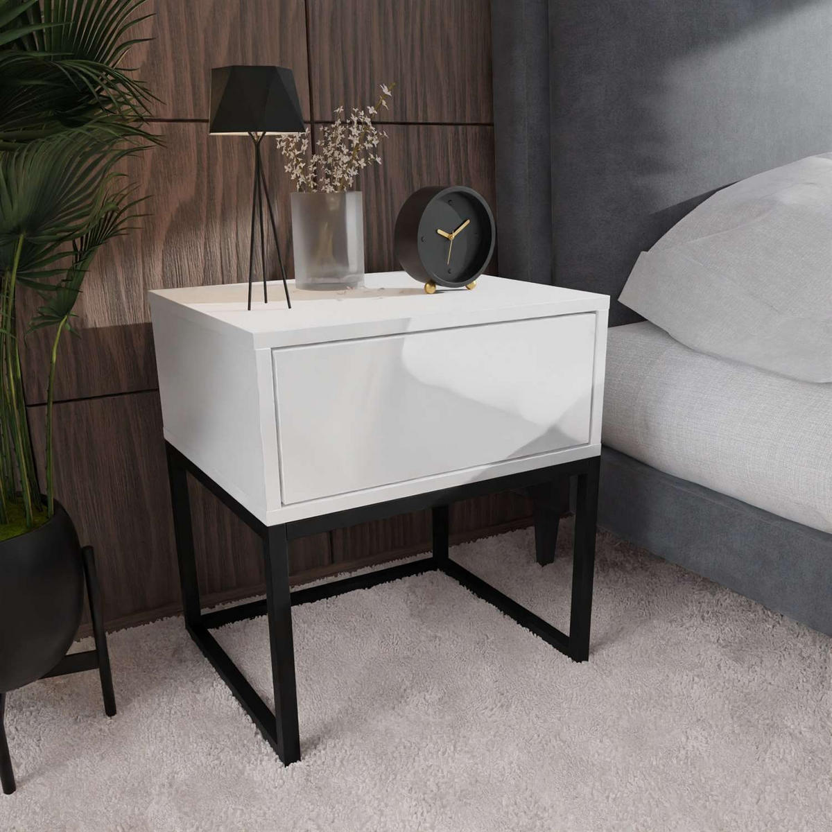 NACHTTISCH BLANCO LOFT Weiß Hochglanz auf schwarzem Gestell PUSH OPEN - Weiß Hochglanz, Holzwerkstoff (45/53/37cm) - Lookway