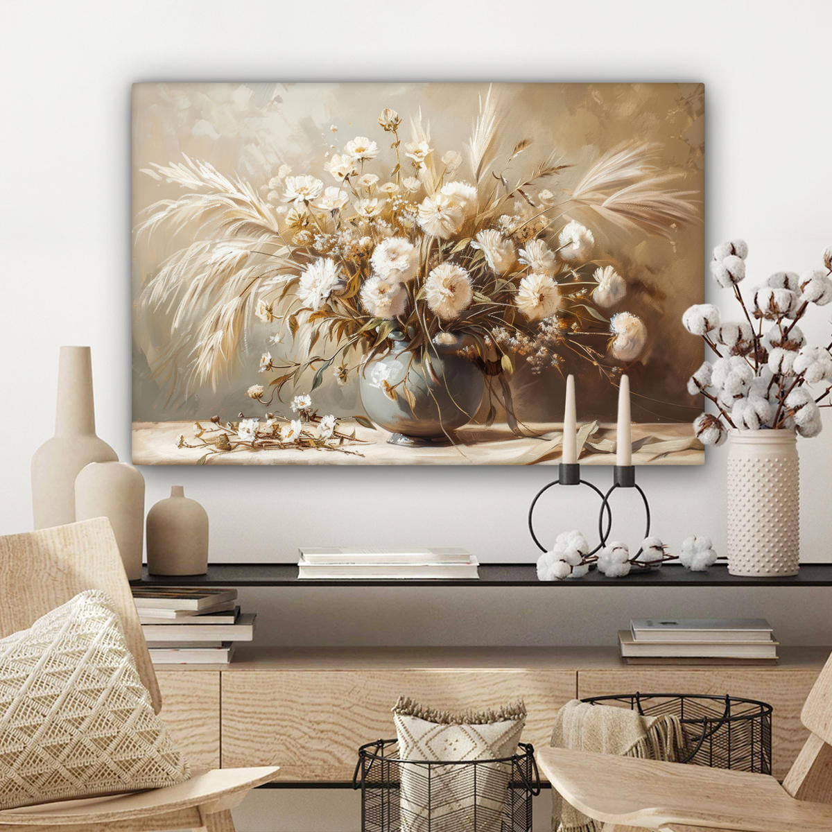 LEINWANDBILD Blumen - Vase - Stilleben - Beige Gemälde 60x40 cm - Creme, Textil (60/40cm) - MuchoWow