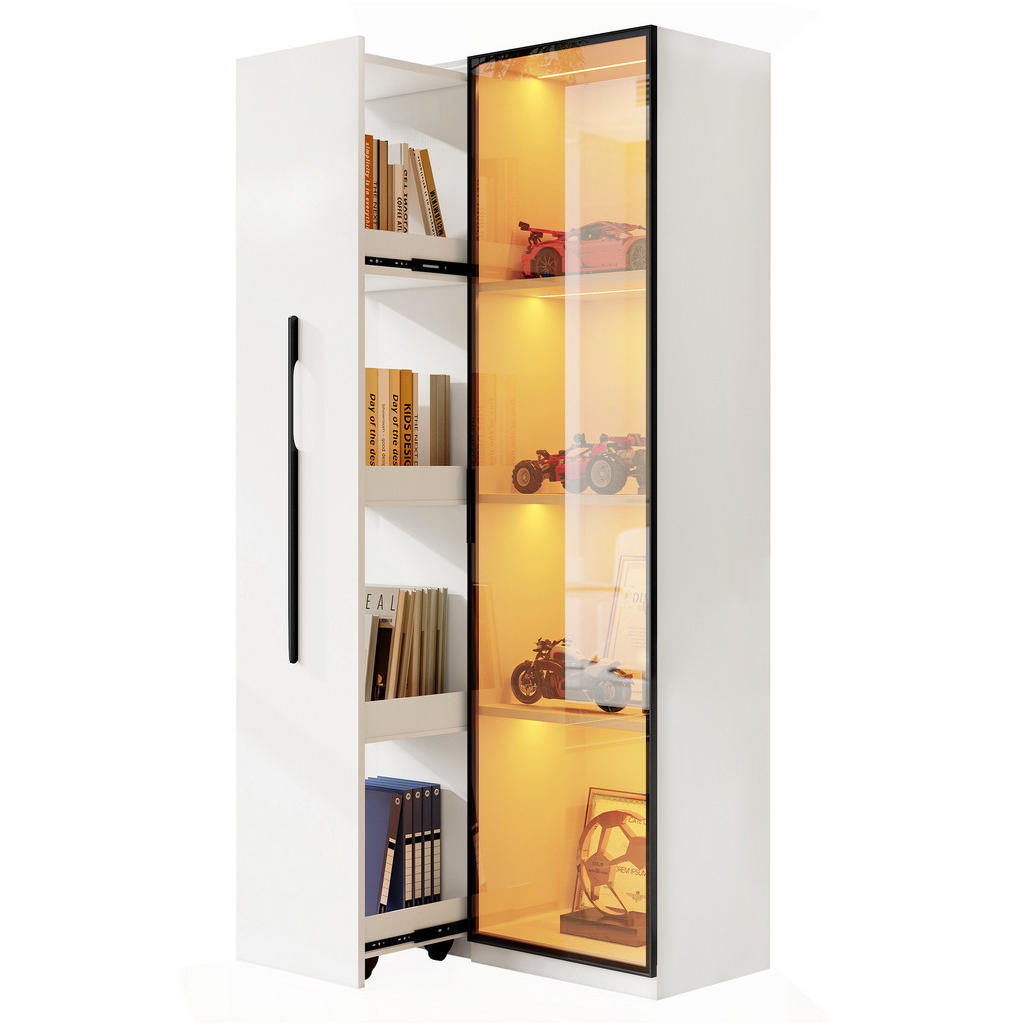 Modfu VITRÍNA z MDF 70x40x160 cm bílá s tvrzeným sklem, LED osvětlením a výsuvným bočním regálem na kolečkách