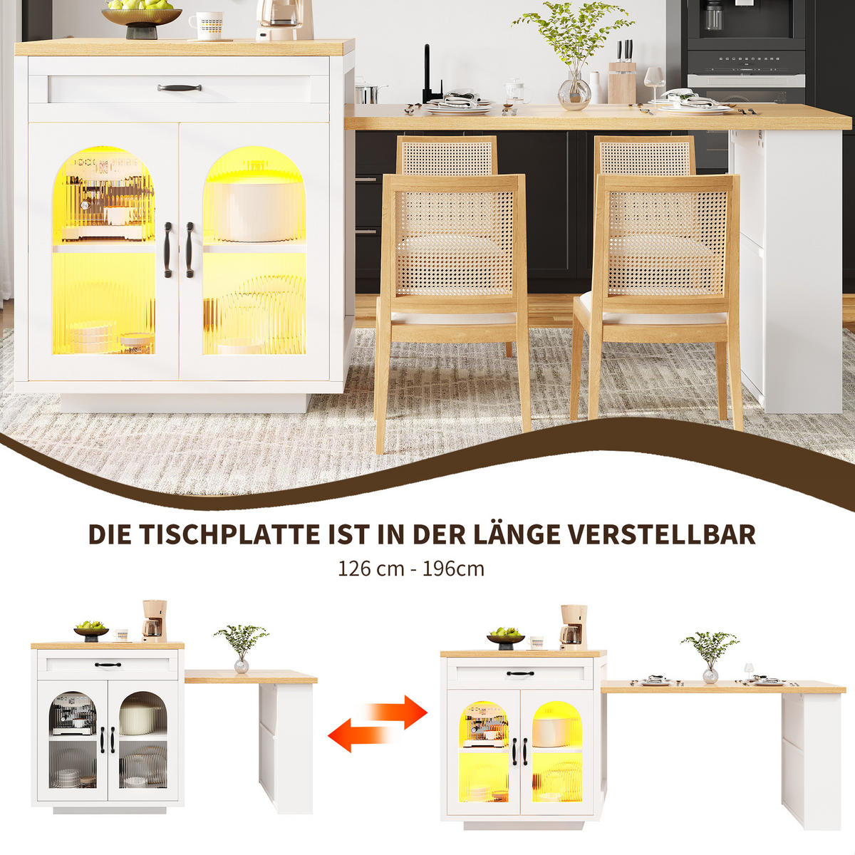 BUFFET 196/59/94 cm weiß aus MDF mit LED - Weiß, Holzwerkstoff (196/94/59cm) - OKWISH