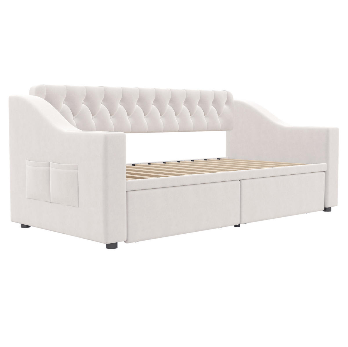 POLSTERBETT 90/190 cm aus Samt mit Stauraum und USB- und Type-C-Anschlüssen - Beige, Textil (90/190cm) - Flora Grace