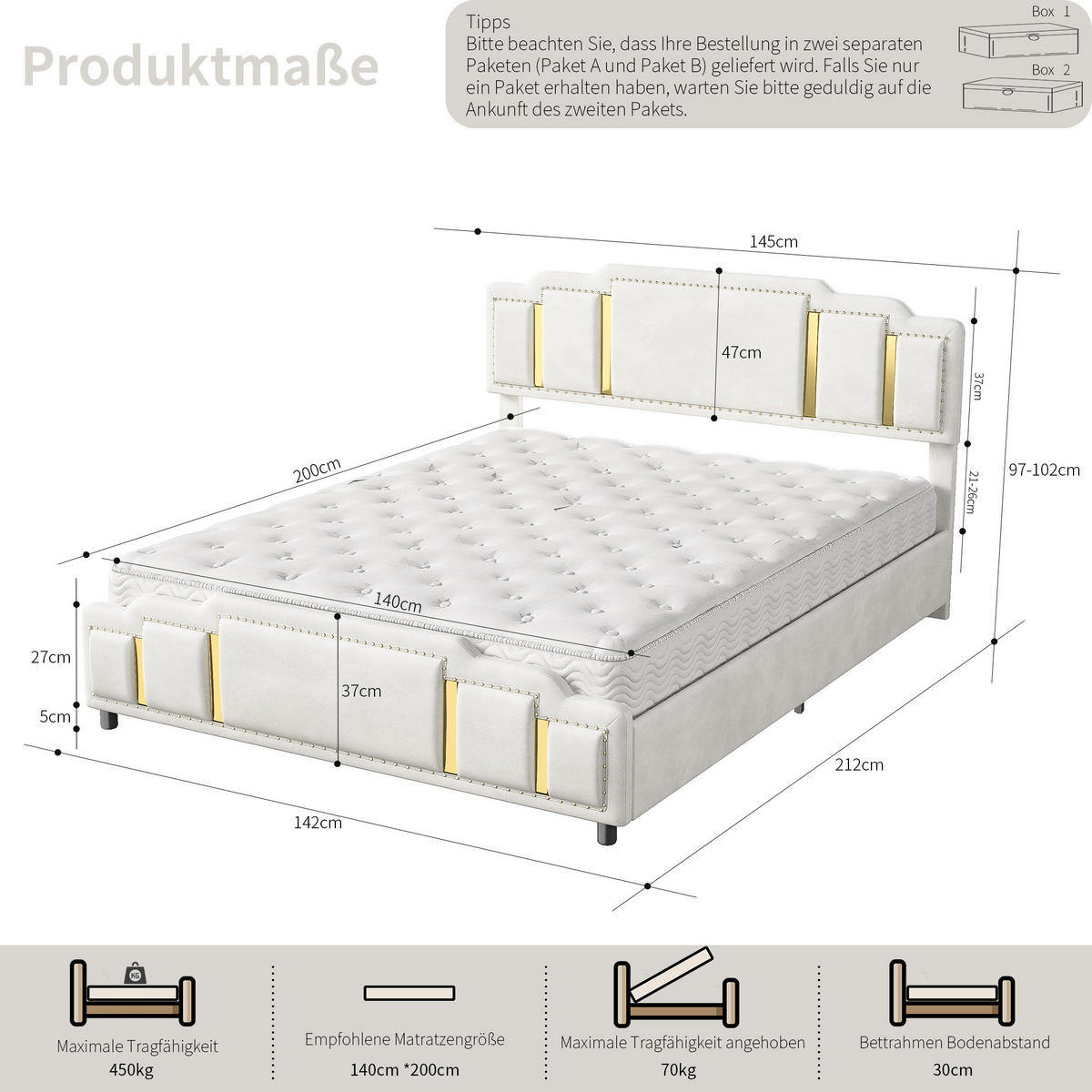 POLSTERBETT 140/200 cm Beige mit Hydraulisches Staufach und LED-Ambientebeleuchtung - Beige, Textil (140/200cm) - Oxeza