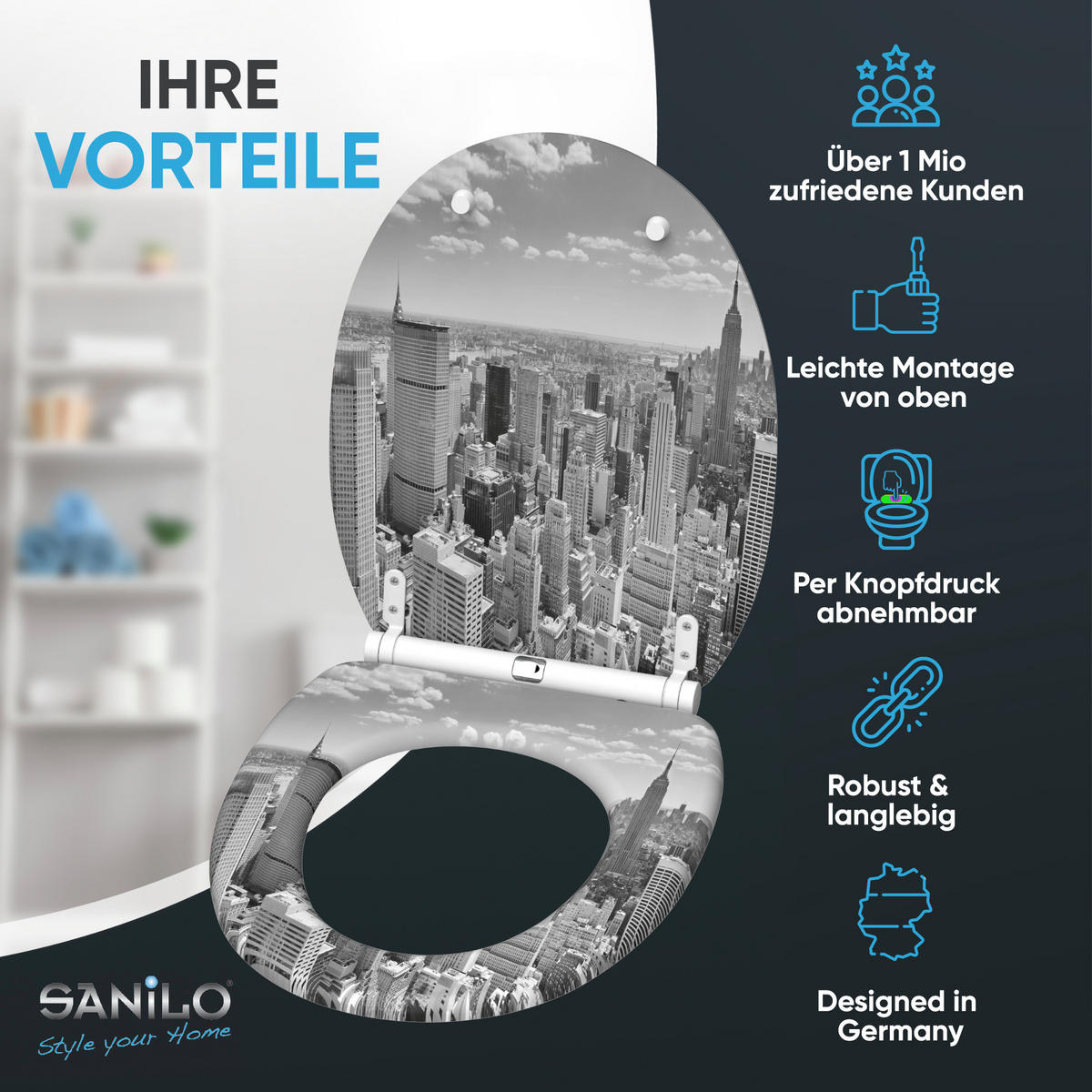 WC-SITZ mit Absenkautomatik & Top Fix Skyline New York - Grau, Holzwerkstoff (37.7/5.5/48cm) - Sanilo
