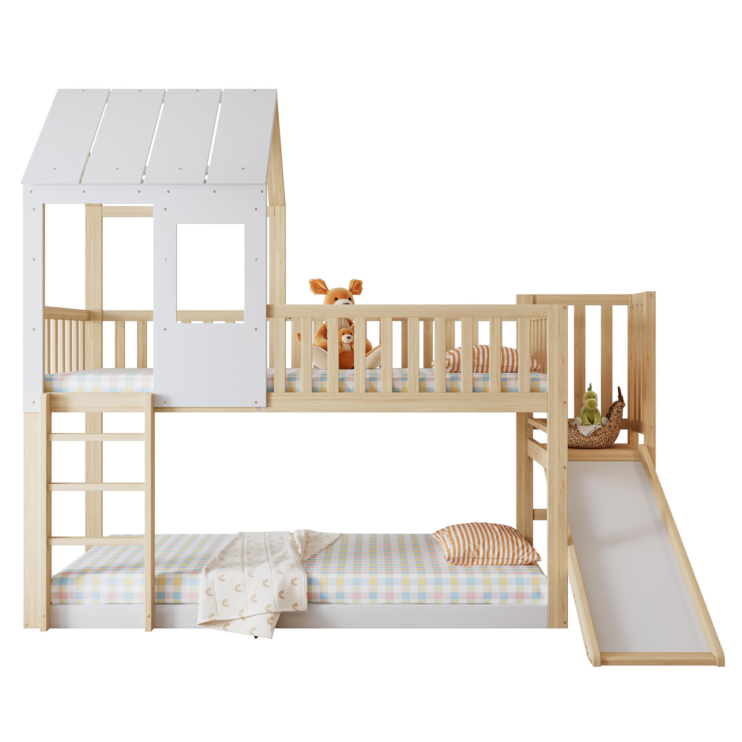 ETAGENBETT 90/200 cm in Natur & Weiß Hausbett mit Rutsche, Dach, Fenster und Leiter - Weiß/Naturfarben, Holzwerkstoff (90/200cm) - STILVORA