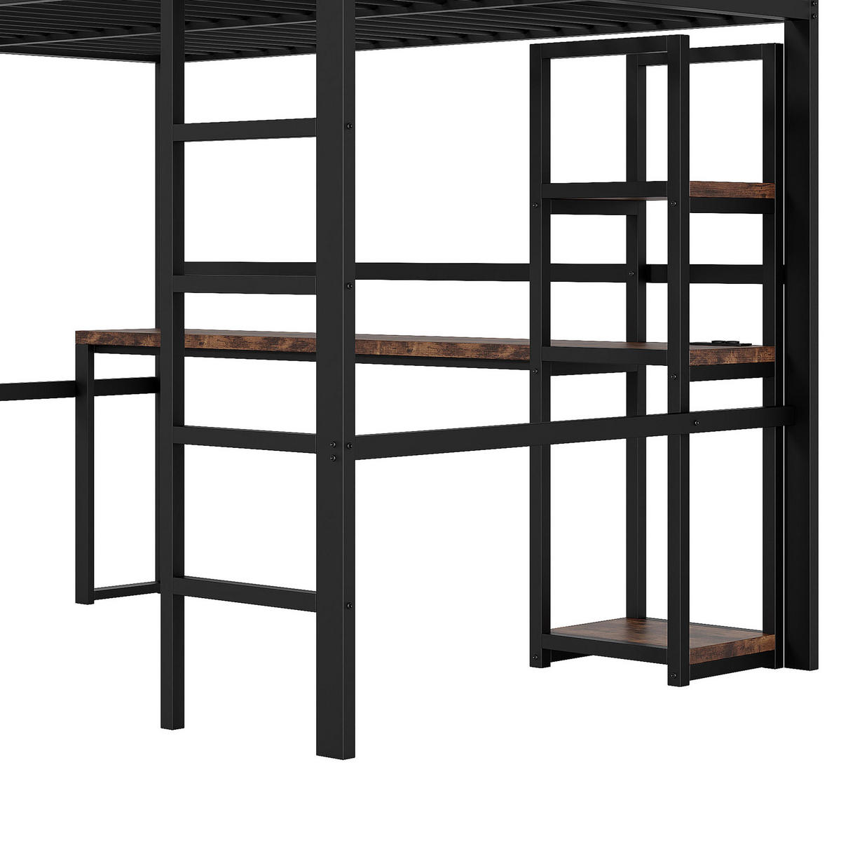 HOCHBETT 140/200 cm aus Metall mit Schreibtisch, Regalen und USB- und Type-C-Anschlüssen - Schwarz, Metall (140/200cm) - Flora Grace