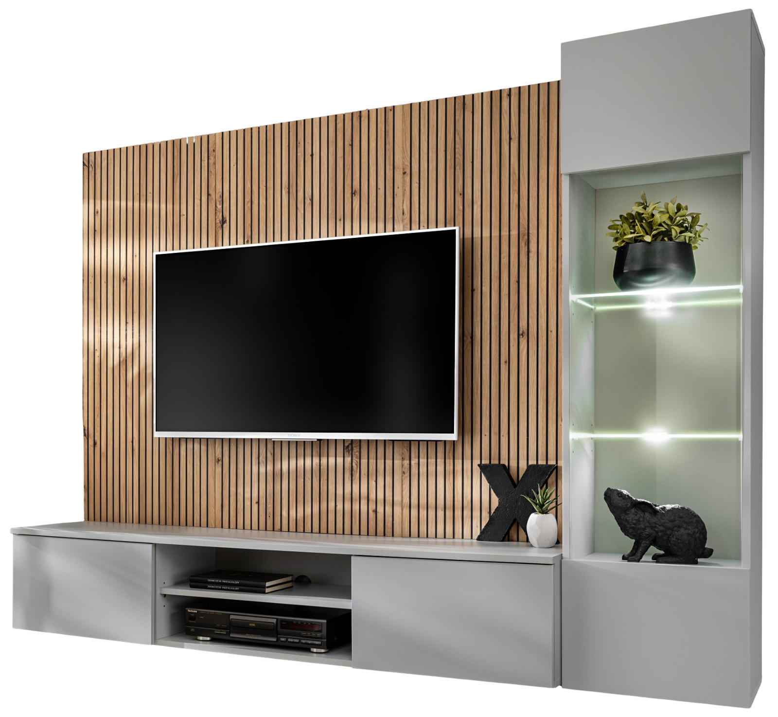 WOHNWAND hellgrau, Eiche Artisan 200 cm, Schrankwand inklusive Beleuchtung und Push-to-Open - Hellgrau/Eiche Artisan, Glas/Holzwerkstoff (200/148/35cm) - Inn.Furn