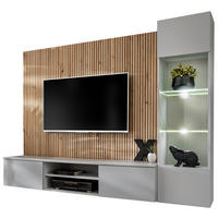 WOHNWAND hellgrau, Eiche Artisan 200 cm, Schrankwand inklusive Beleuchtung und Push-to-Open - Hellgrau/Eiche Artisan, Glas/Holzwerkstoff (200/148/35cm) - Inn.Furn