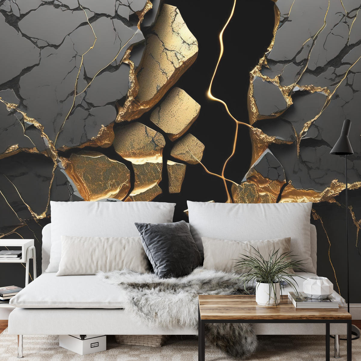 FOTOTAPETE für Wohnzimmer Schwarzer Abstrakter Marmor Gold Risse Wand 200x140 - Schwarz, Papier (200/140cm) - Muralo