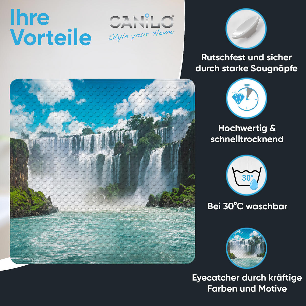 BADEMATTE Wasserfall - Blau, Kunststoff (53/53cm) - Sanilo