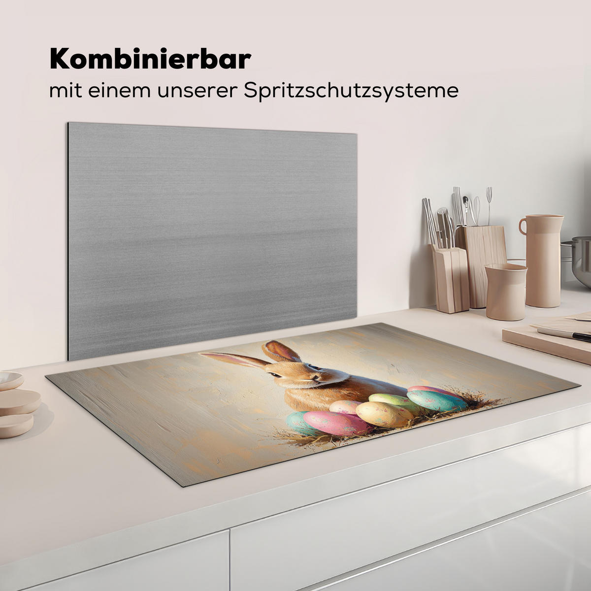 HERDABDECKPLATTE Osterhase - Pastell - Eier Ceranfeldabdeckung 90x52 cm - Beige, Kunststoff (90/52/0.2cm) - MuchoWow