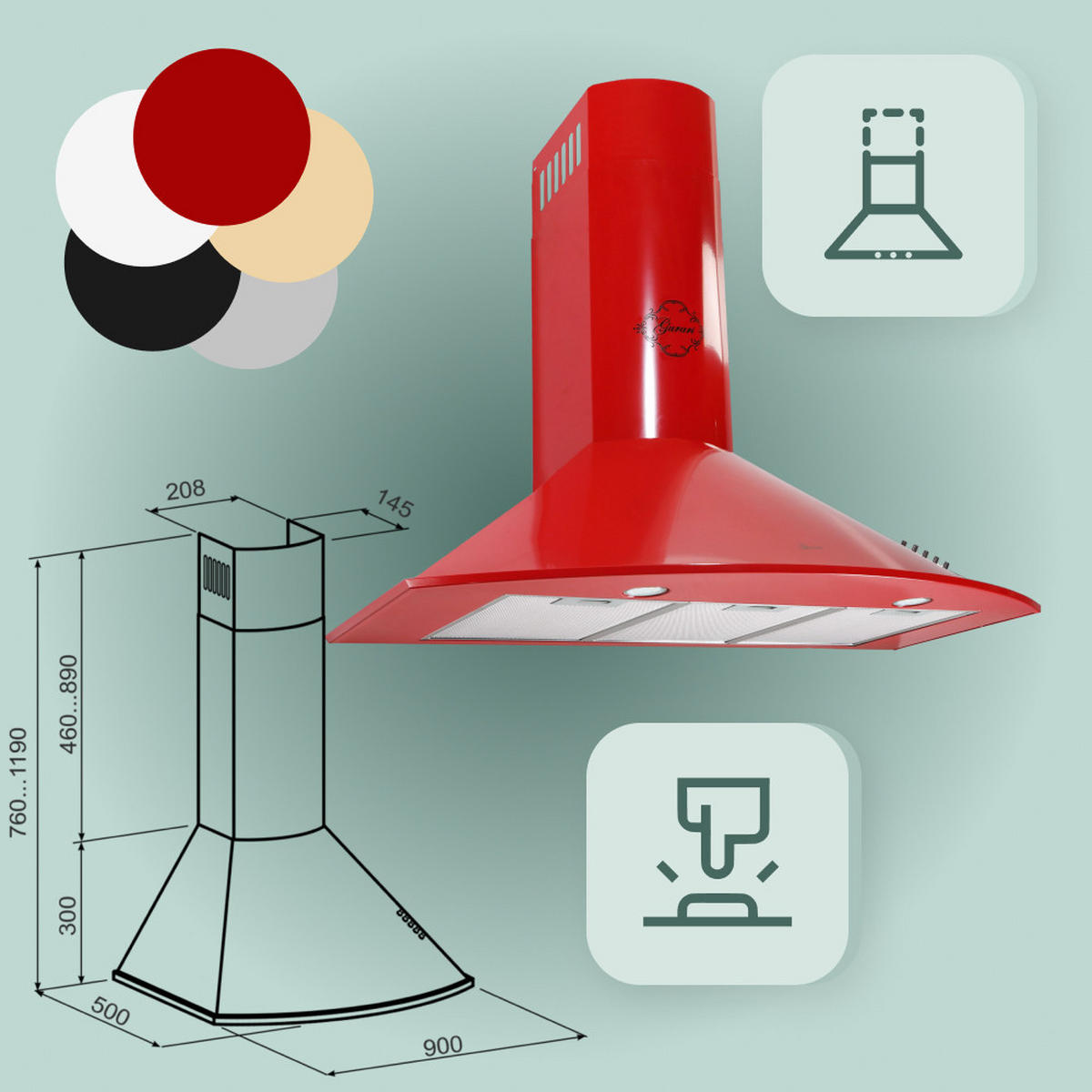 DUNSTABZUGSHAUBE GCH C 046 RD 9 N 90 cm Rot - Rot, Metall (90/117/50cm) - Gurari