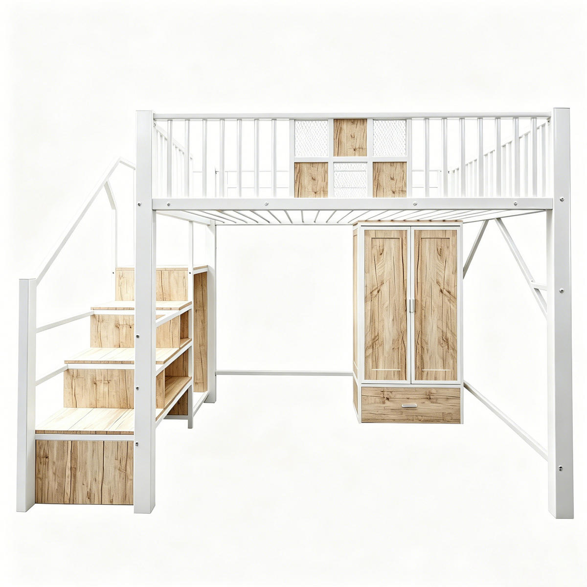 HOCHBETT 140/200 cm Weiß mit Kleiderschrank, Schublade und Aufbewahrungsleiter - Weiß, Metall (140/200cm) - MIVRAY
