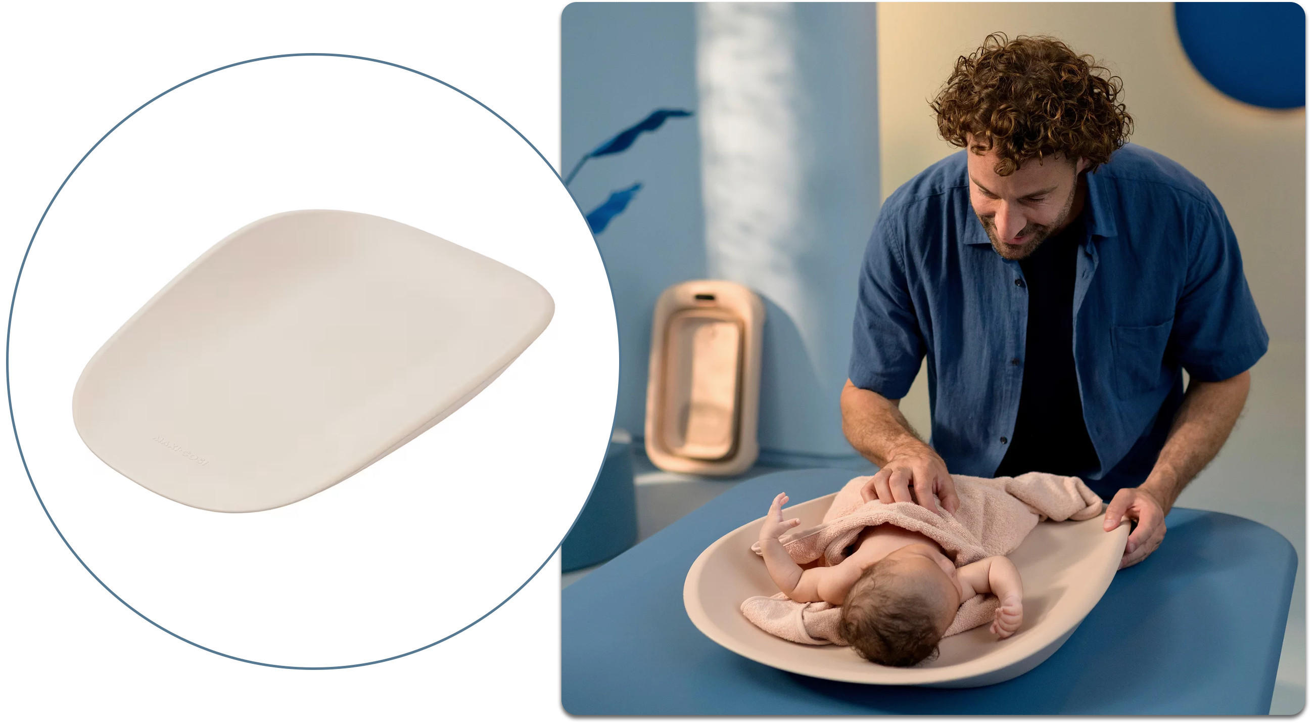 Mann wickelt ein Baby auf weißer, ovaler Wickelauflage auf blauem Tisch; links runde Detailansicht der Auflage, im Hintergrund blaues Zimmer mit Ablage.
