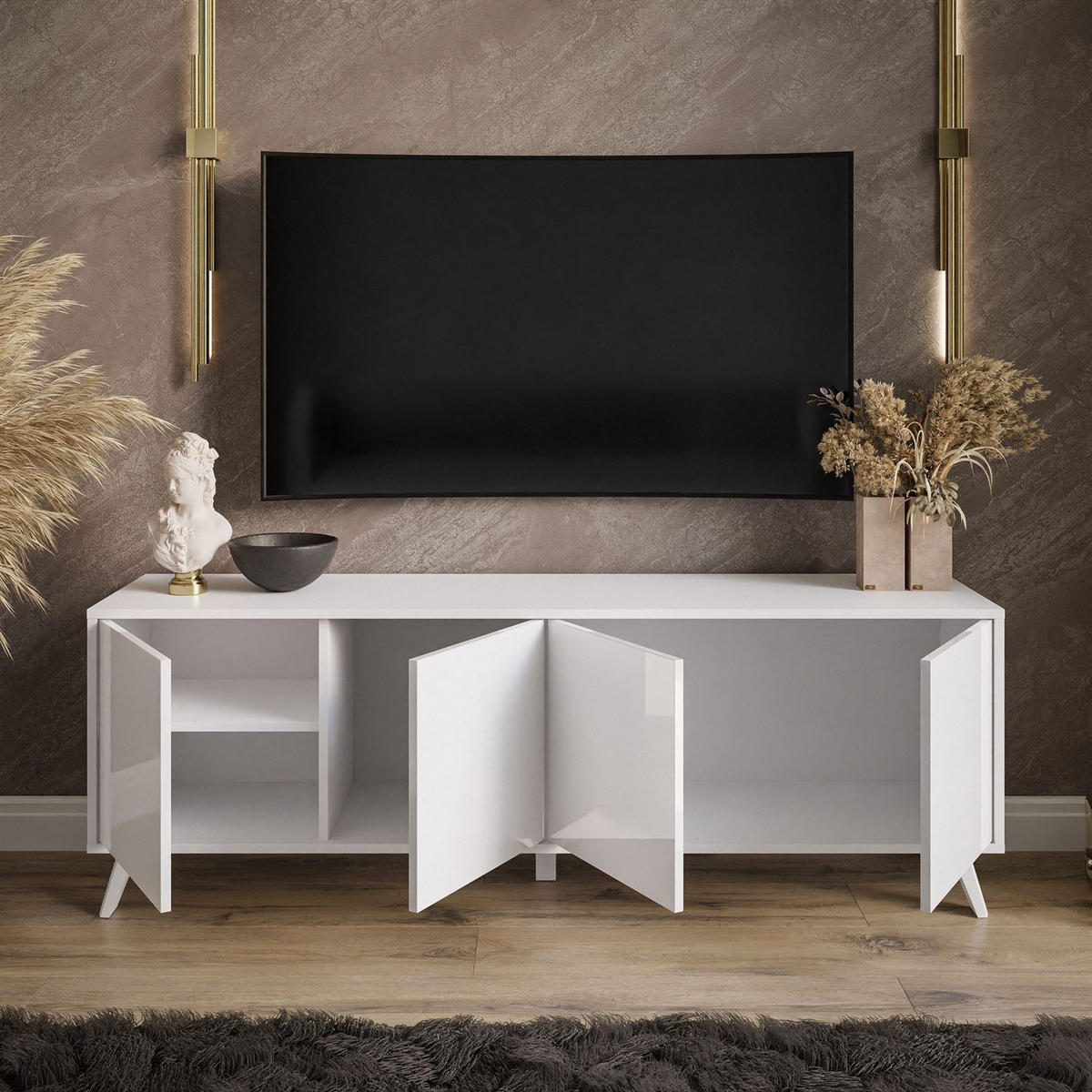 TV-ELEMENT SANAYI auf weißen Beinen Hochglanz Weiß - Weiß, Holzwerkstoff (156/54/38cm) - Lookway