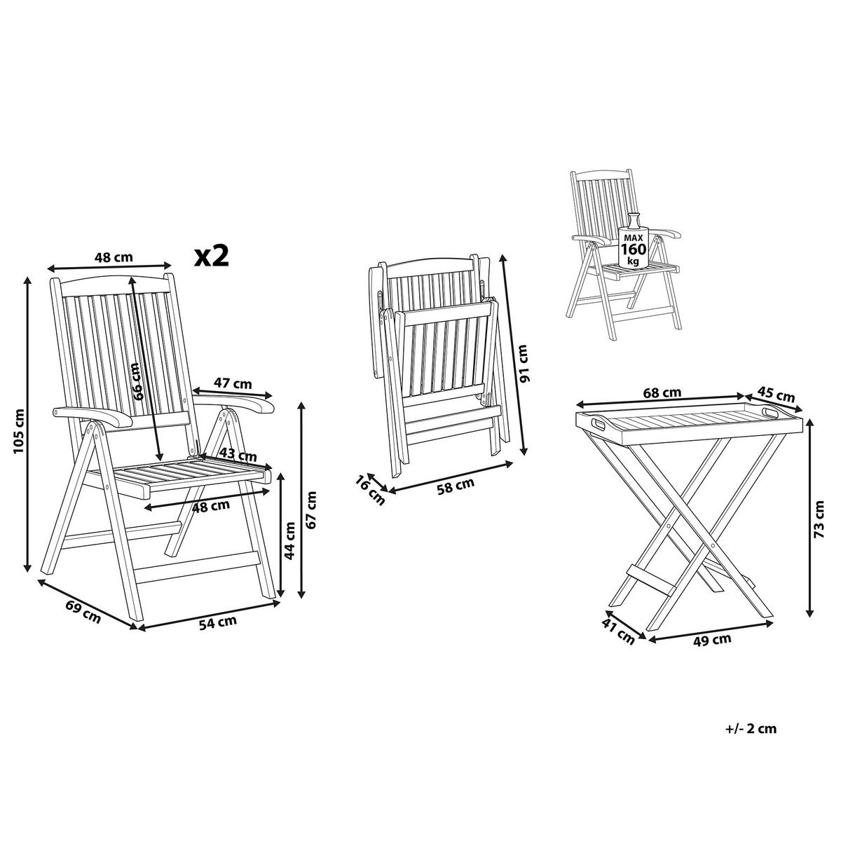 BALKONSET 2-Sitzer Akazienholz hellbraun verstellbar Java - Hellbraun, Holz - Beliani