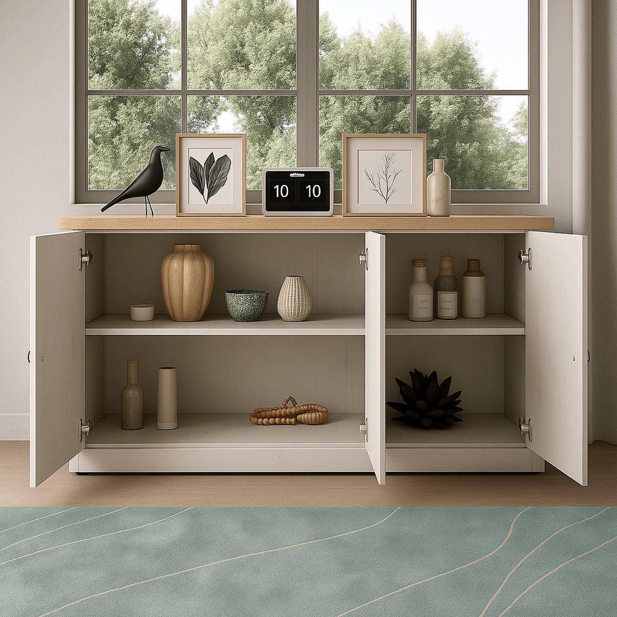 SIDEBOARD mit 3 türen, dekor eiche cadiz und meringue-weiß - country 164/44/88 cm - Weiß, Holzwerkstoff (44/88/164cm) - Calicosy