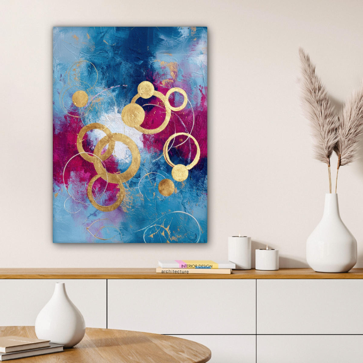 LEINWANDBILD Kreise - Gold - Abstrakt Wandbild Wohnzimmer 60x80 cm - Blau, Textil (60/80cm) - MuchoWow