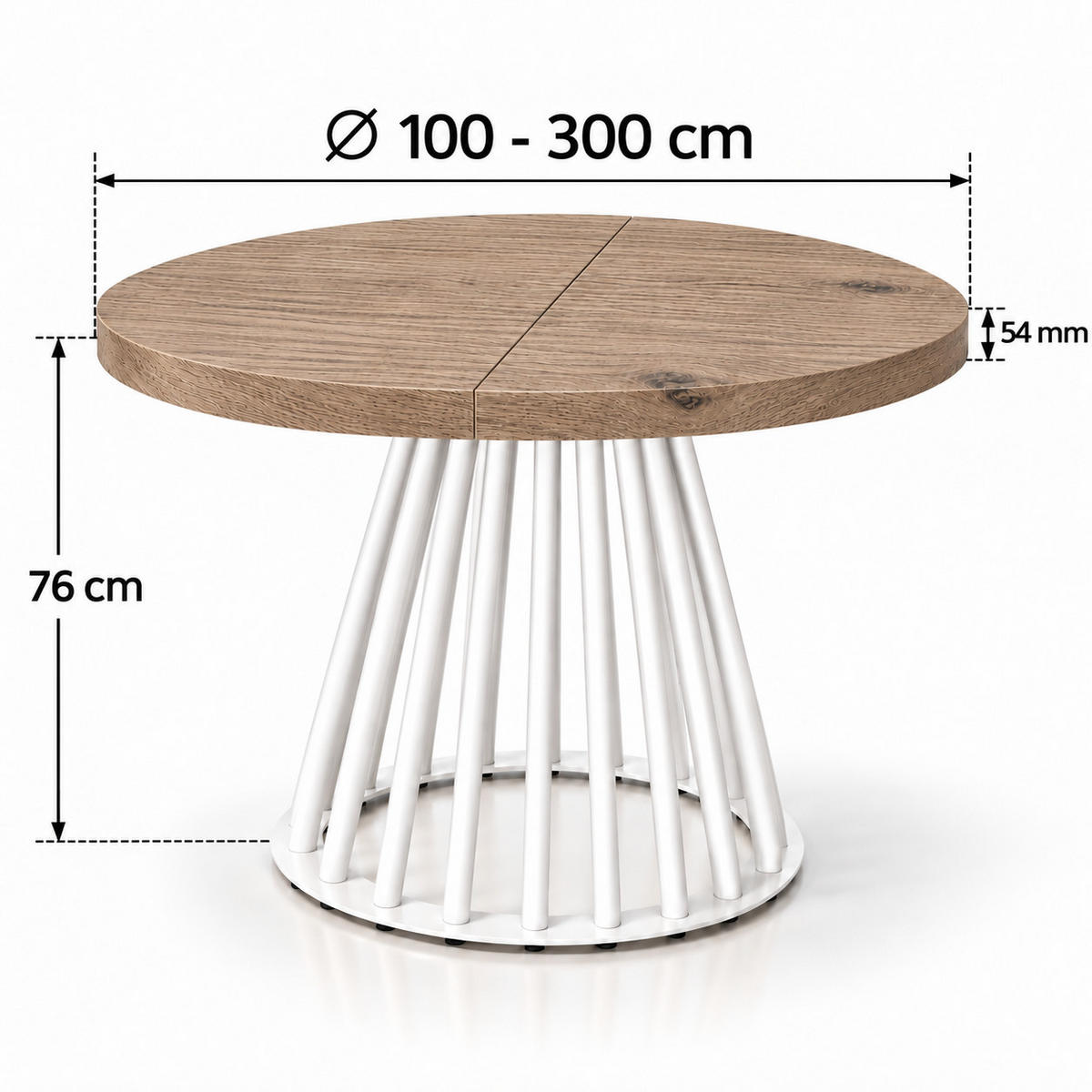 ESSTISCH rund ausziehbar 100/300/76 cm, Eiche Halifax Egger, 54 cm Tischplatte + Lamellen-Metallgestell Weiß - Eichefarben/Graubraun, Holzwerkstoff/Metall (100/300/76cm) - Damale Möbel
