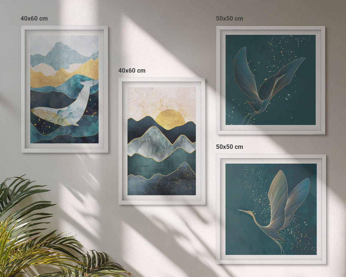 BILDER SET 4er Set - 50x50 cm & 40x60 cm Weißer Rahmen - Abstrakte Kranichberge - Weiß, Kunststoff (50/50cm) - TULUP