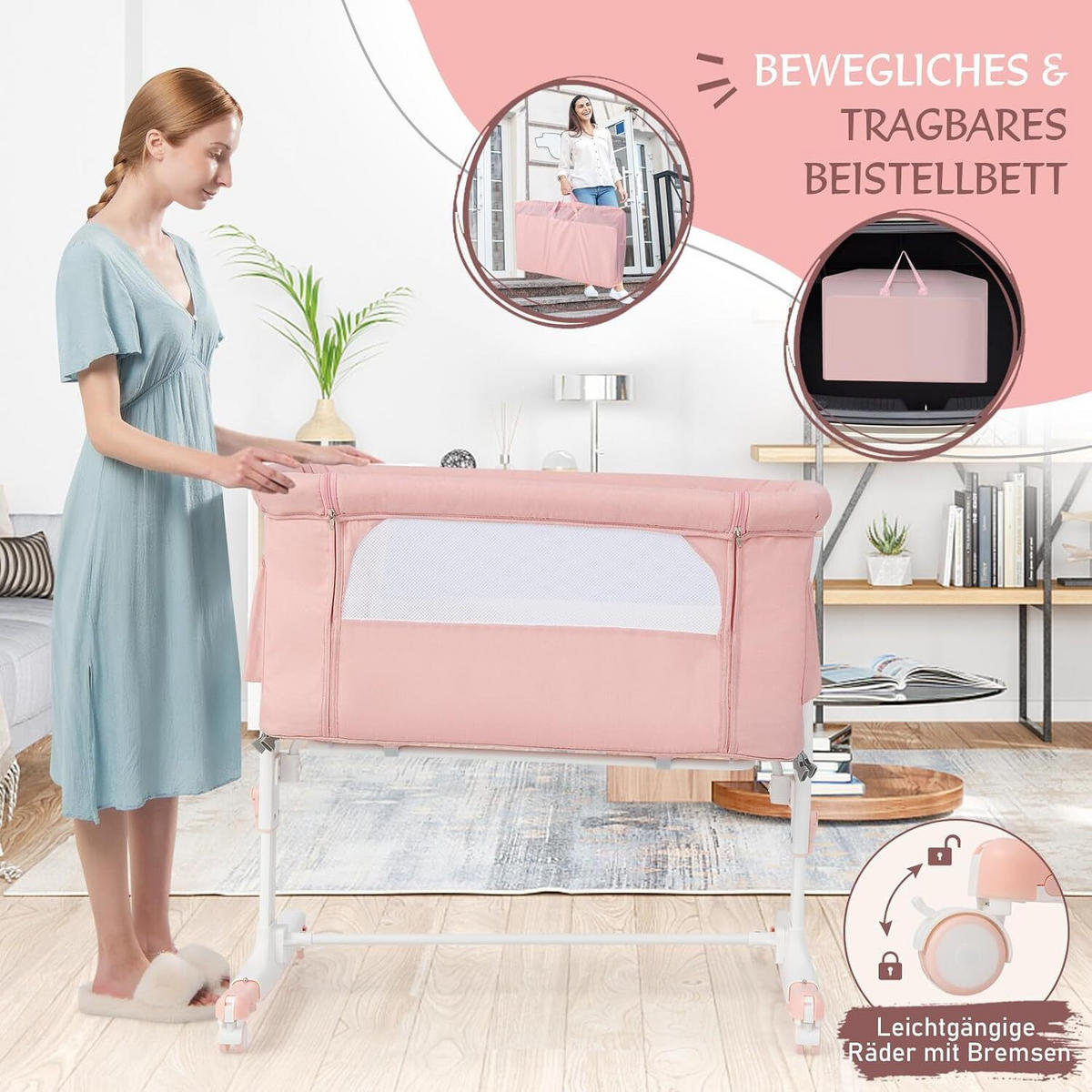 BABYWIEGE mit Wiege rosa - Pink, Textil - COSTWAY