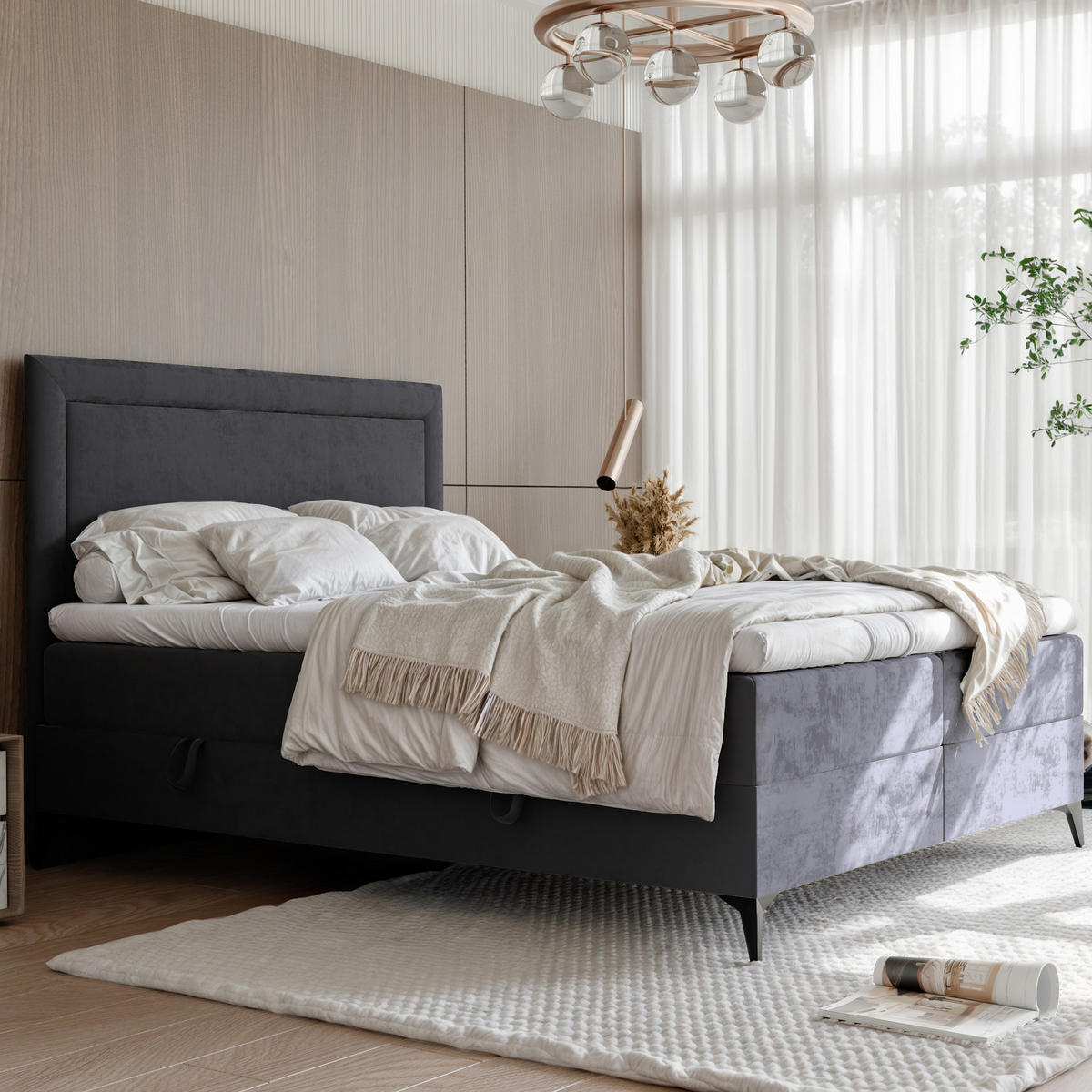 BOXBETT NERO 160/200 cm mit Matratze und Topper, Dunkelgrau - Dunkelgrau/Schwarz, Holzwerkstoff/Textil (160/200cm) - Idohome