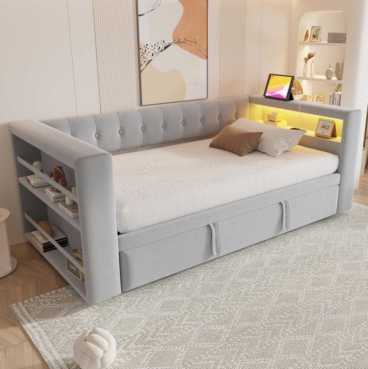 POLSTERBETT 90/180/190 cm aus Flannelette mit LED-Beleuchtung, Hellgrau - Hellgrau, Textil (90/190cm) - OKMYHOME