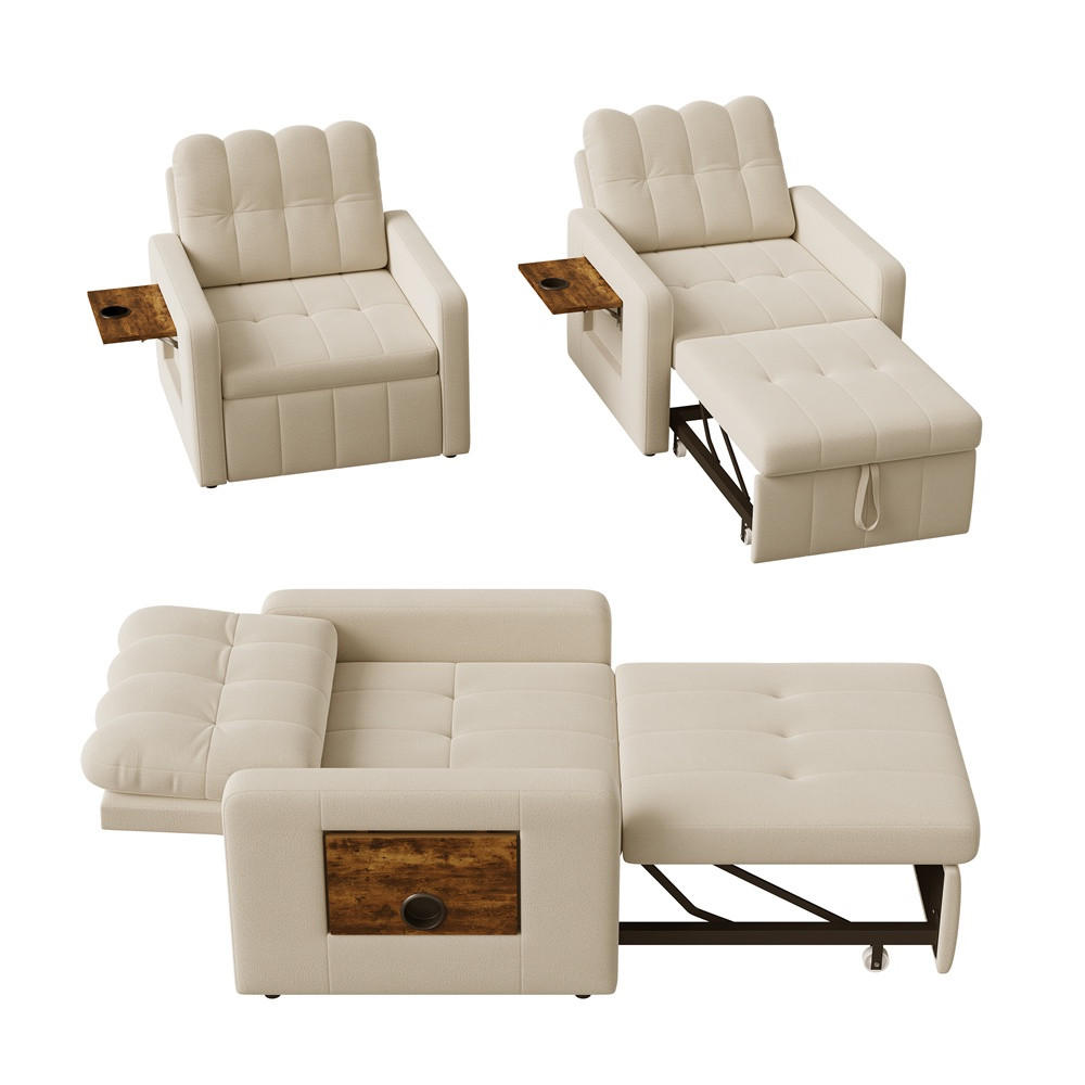 SCHLAFSESSEL mit klappbarem Ablagetisch und Seitentasche - Beige - Beige, Textil (85/86/108cm) - DELFA