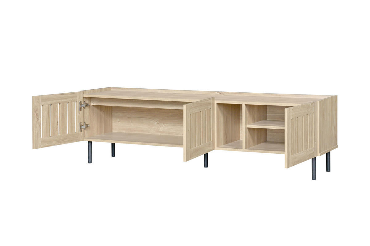LOWBOARD in Naturfarben TV-Schrank mit durchbrochenem Design für 65-Zoll-Fernseher, B160/T40/H47cm - Walnussfarben/Schwarz, Glas/Holzwerkstoff (160/47/40cm) - STILVORA