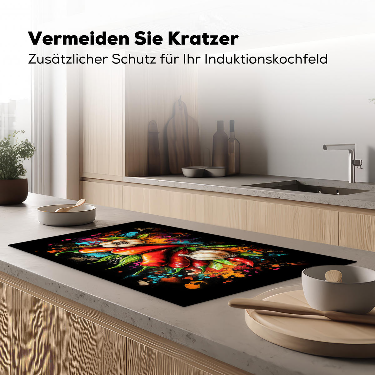 HERDABDECKPLATTE Gemüse - Paprika - Knoblauch - Graffiti - Farbe - Bunt 90x52 cm - Rot, Kunststoff (90/0.2/52cm) - MuchoWow