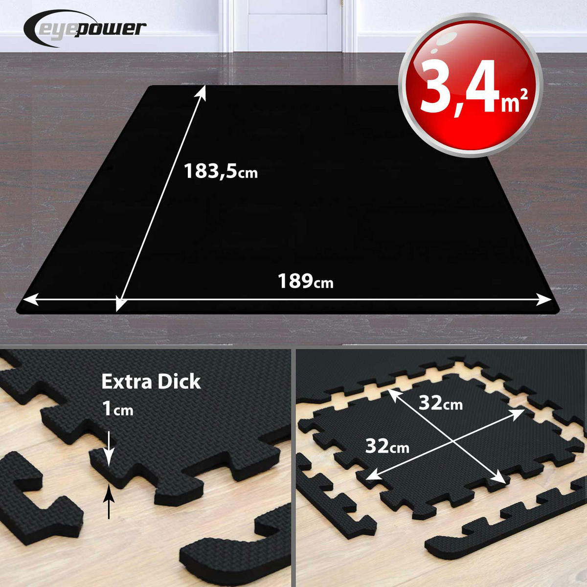 BODENSCHUTZMATTE 30x30x1 cm, Schwarz, 36er Set - Schwarz, Kunststoff (30/30/1cm) - eyepower