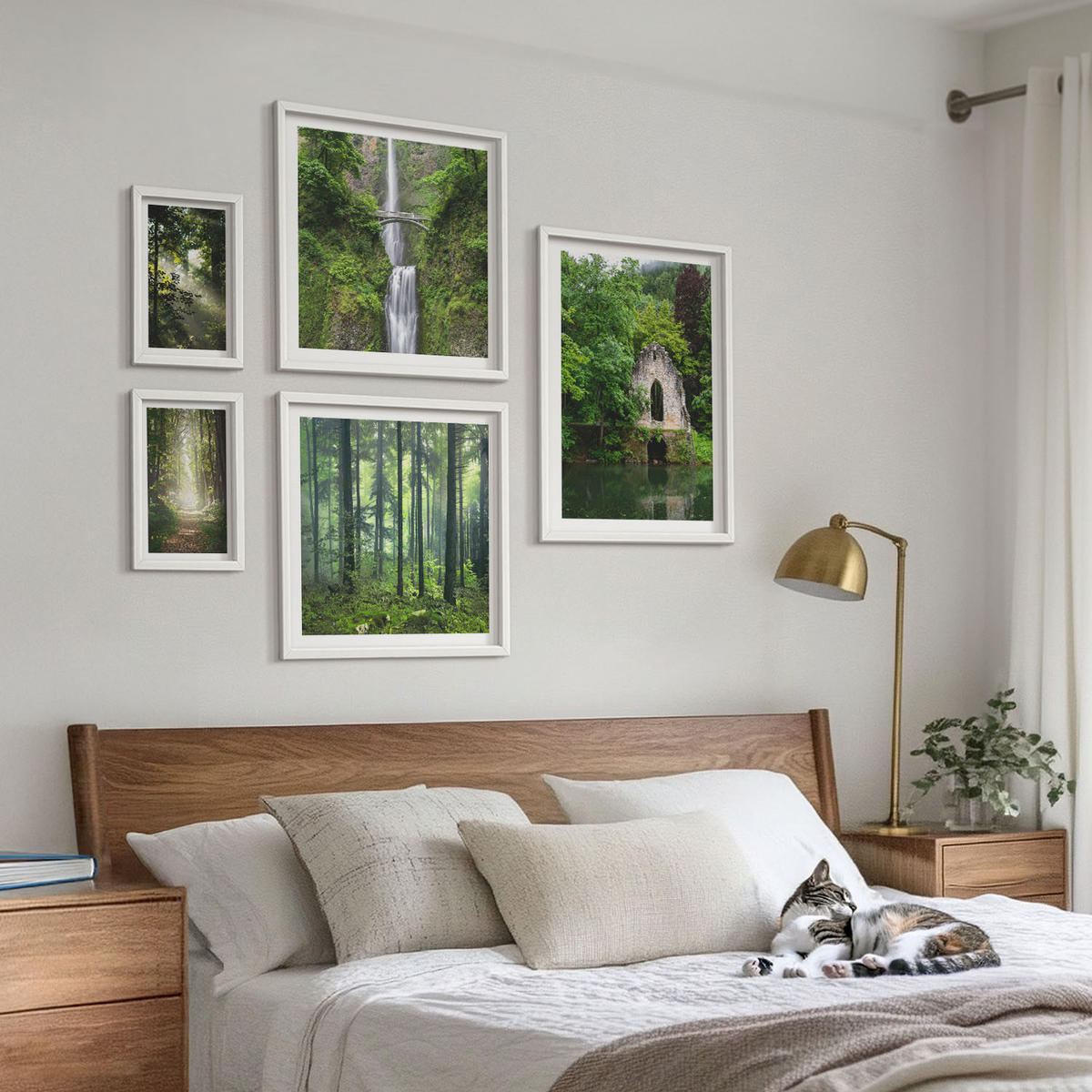 WANDBILDER 5er-Set - 50x50 cm & 20x30 cm & 40x60 cm Weißer Rahmen - Grüne Wälder, Lichtstrahlen - Weiß, Kunststoff (40/60cm) - ArtPrintCave