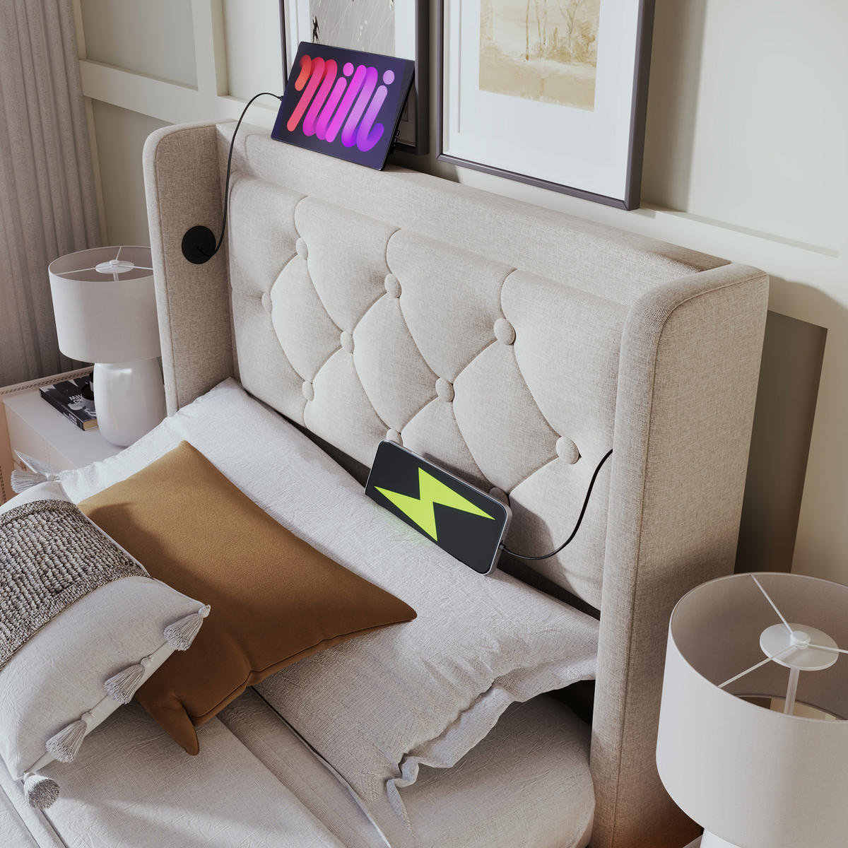 POLSTERBETT 90/200 cm mit hydraulischem Bettkasten, USB/Typ-C & 3-seitiger LED, Beige - Beige, Textil (90/200cm) - Redom