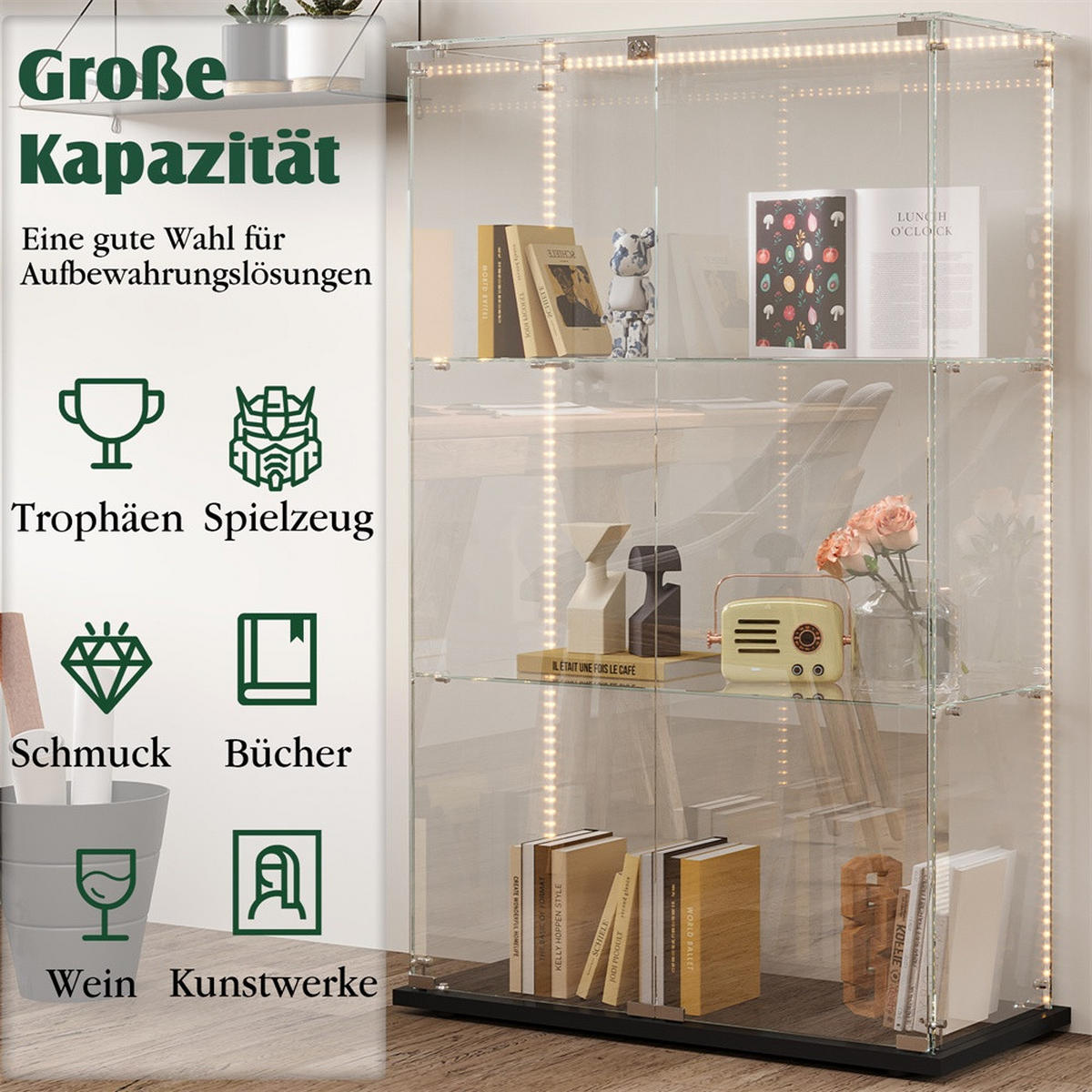VITRINE - Glasvitrine mit 2 Türen und 3 Ebenen - integrierte LED-Streifen-Beleuchtung - Schwarzer Holzboden - Schwarz, Glas (78.5/123.3/35cm) - DELFA