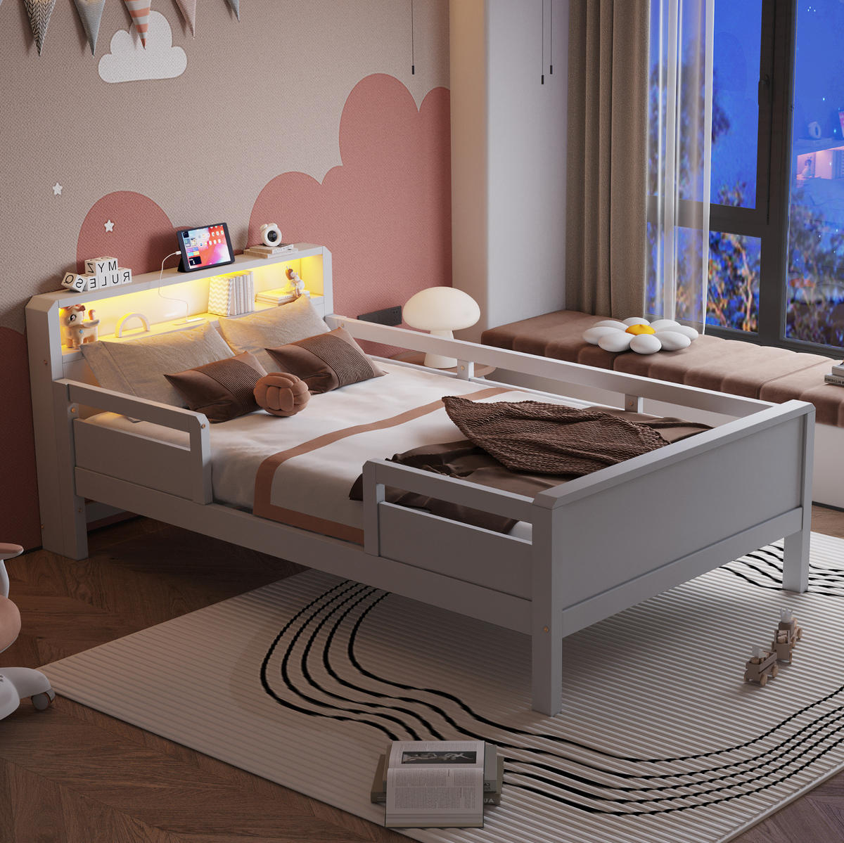 KINDERBETT 90/200 cm Weiß aus Kiefernholz mit LED-Leuchte und Ablagefach - Weiß, Holz (90/200cm) - OKMYHOME
