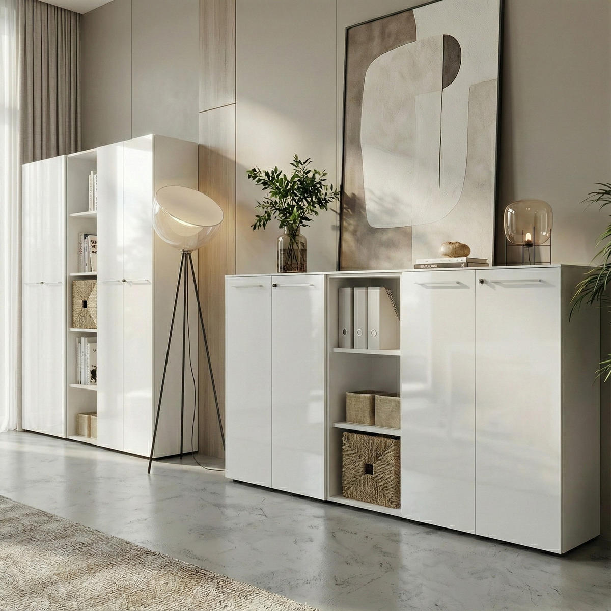 BÜRO-SET MUENCHEN 3-teilig Weiß | 2 Kommode x Regal | Glas Front & Abschließbar - Weiß, Holzwerkstoff/Metall (240/120/37cm) - KADIMA DESIGN