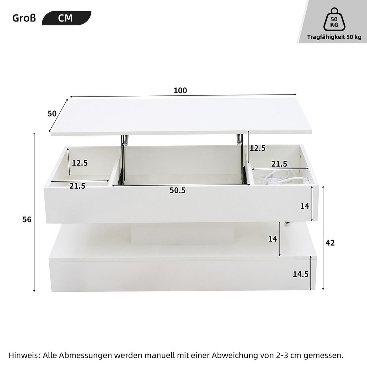 COUCHTISCH 100x50cm Modern LED Hydraulik Hub Versteckter Stauraum 50kg - Weiß, Holz (110.5/63.5/14cm) - FLIEKS