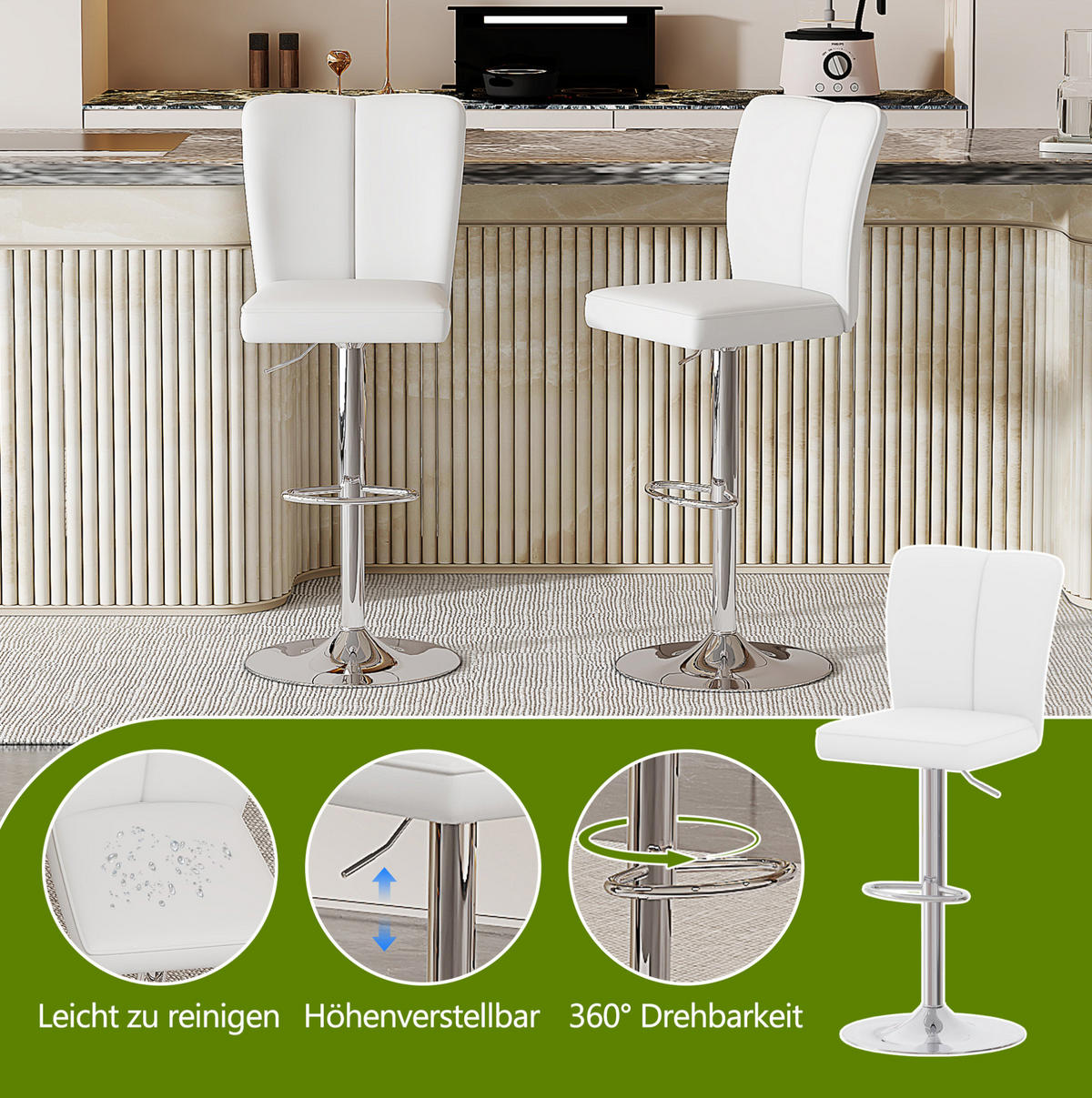 BARHOCKER 2er-Set höhenverstellbar 95,5-117,5 cm Weiß/Silber - Weiß, Metall (44/117.5/44.5cm) - Meubliv