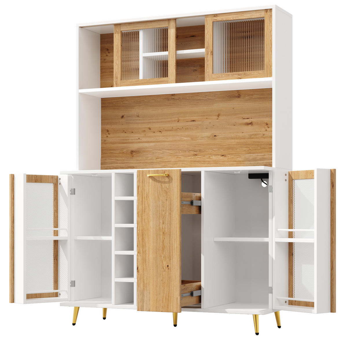 BUFFETSCHRANK 120/40/170 cm Weiß/Holzdekor aus MDF mit LED und Steckdose - Weiß, Holzwerkstoff (120/170/40cm) - OKWISH