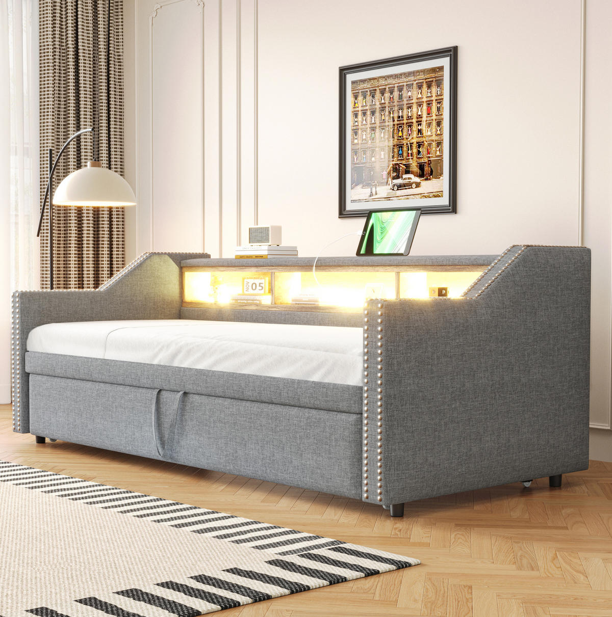 TAPECIRANI krevet od lana 90/180x190 cm svijetlosiva s izvlačnim ležajem, LED rasvjetom, USB priključkom i policama - svijetlo siva, tekstil (140/190cm) - Modfu