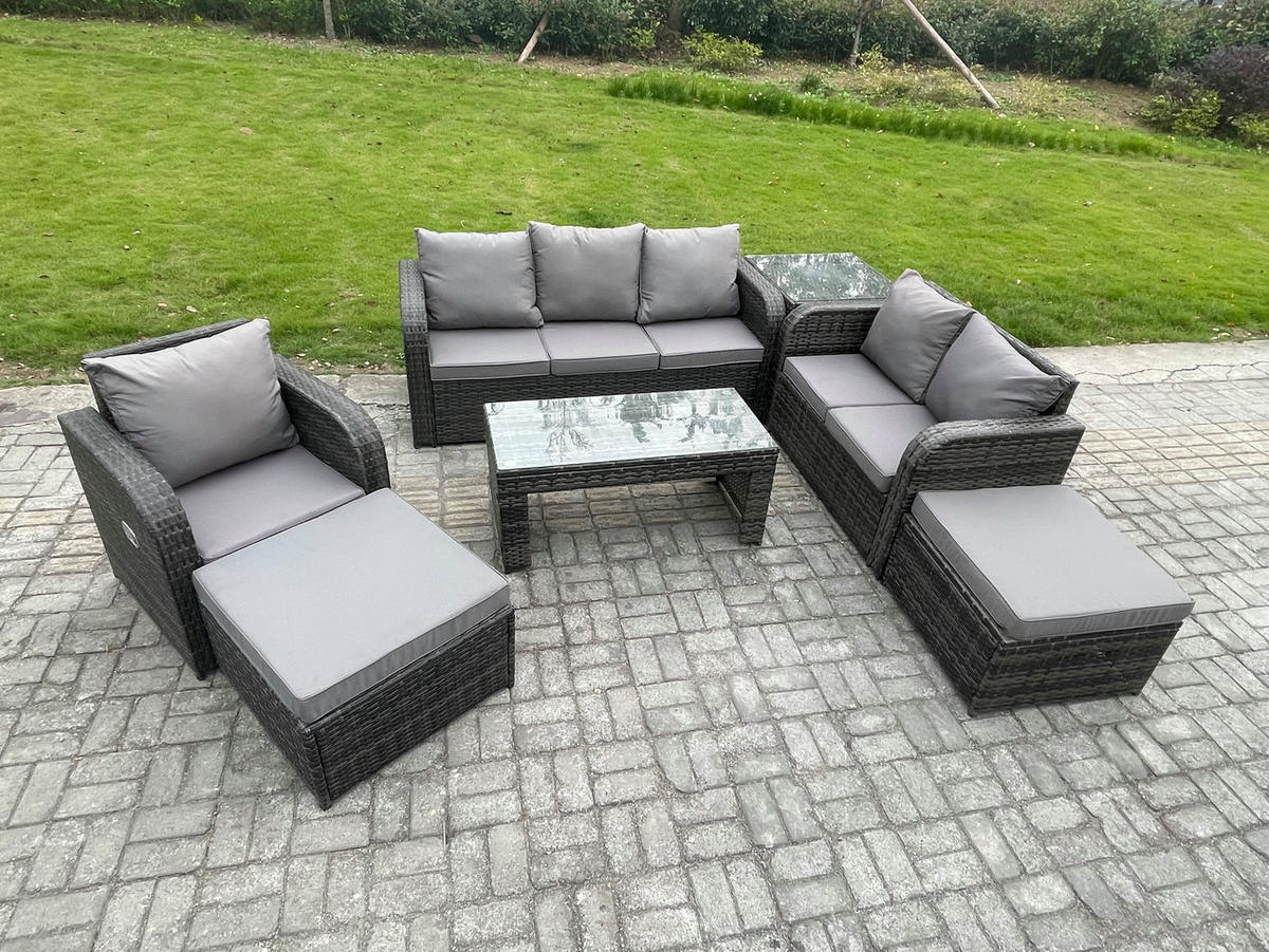 GARTENSOFA SET mit rechteckigem COUCHTISCH Polyrattan 8-Sitzer Dunkelgrau - Dunkelgrau/Grau, Glas/Kunststoff - Fimous